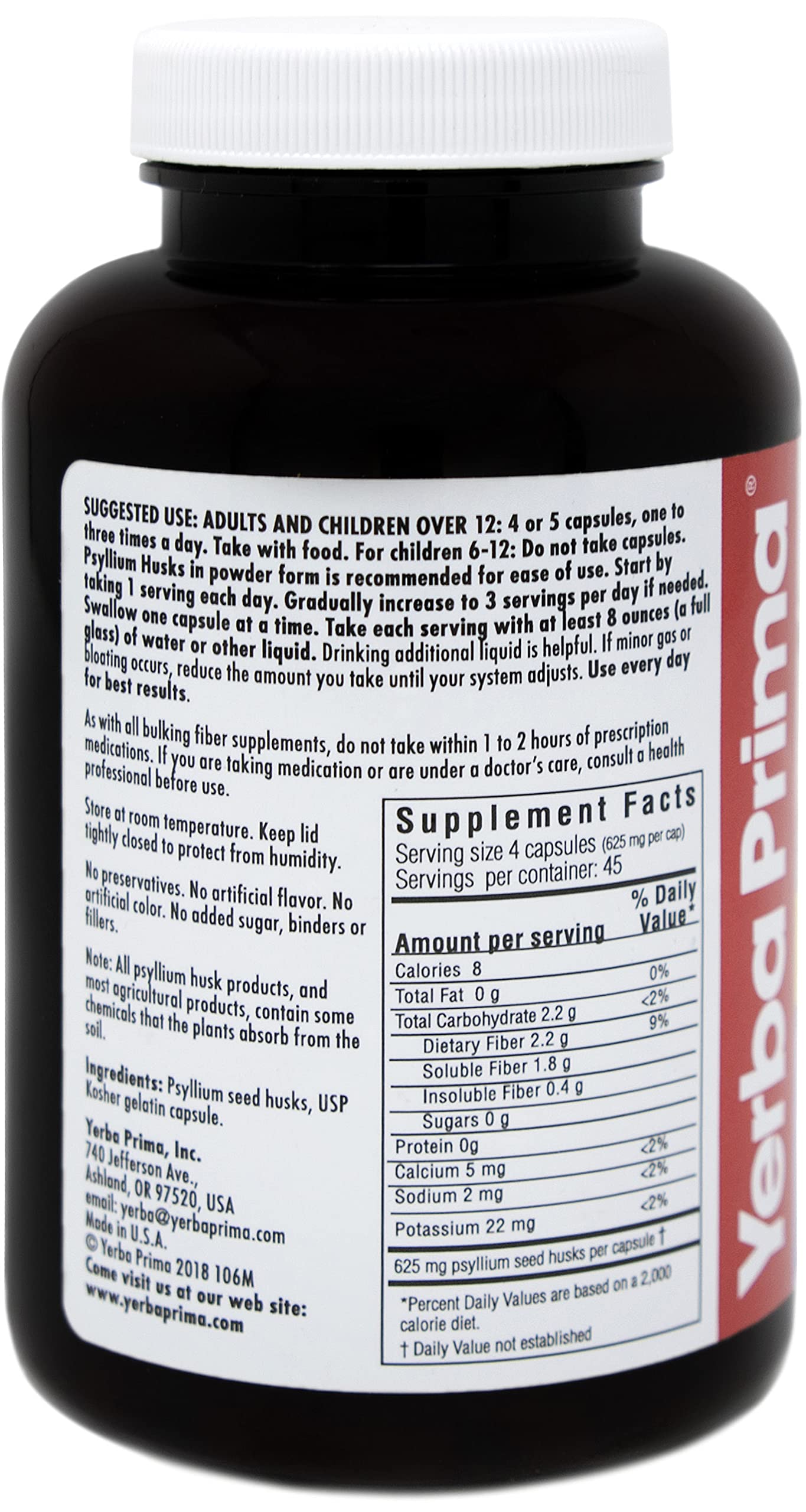Yerba Prima Psyllium Husk Capsules 625 mg – 180 Count | Colon Cleansing & Gut Health, Non-GMO, Gluten Free