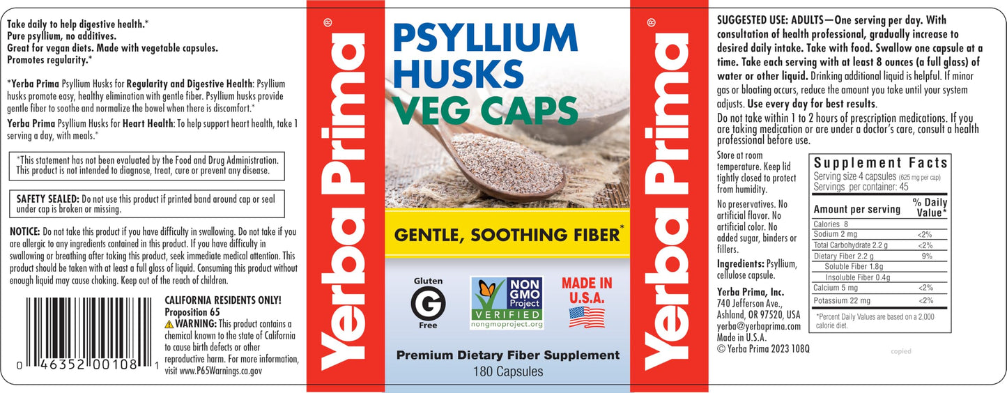 Yerba Prima Psyllium Husk Veg Caps – 180 Count (2 Pack), 625mg – Vegan, Non-GMO, Gluten Free