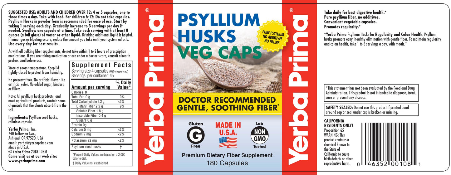 Yerba Prima Psyllium Husks 180 Veg Caps (625mg) – Vegan, Non-GMO, Gluten Free