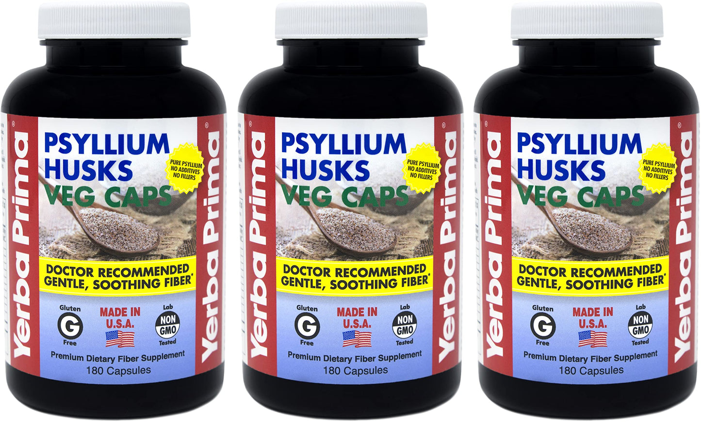 Yerba Prima Psyllium Husks Veg Caps - 180 Count Pack of 3 | Vegan, Non-GMO, Gluten Free Fiber Supplement