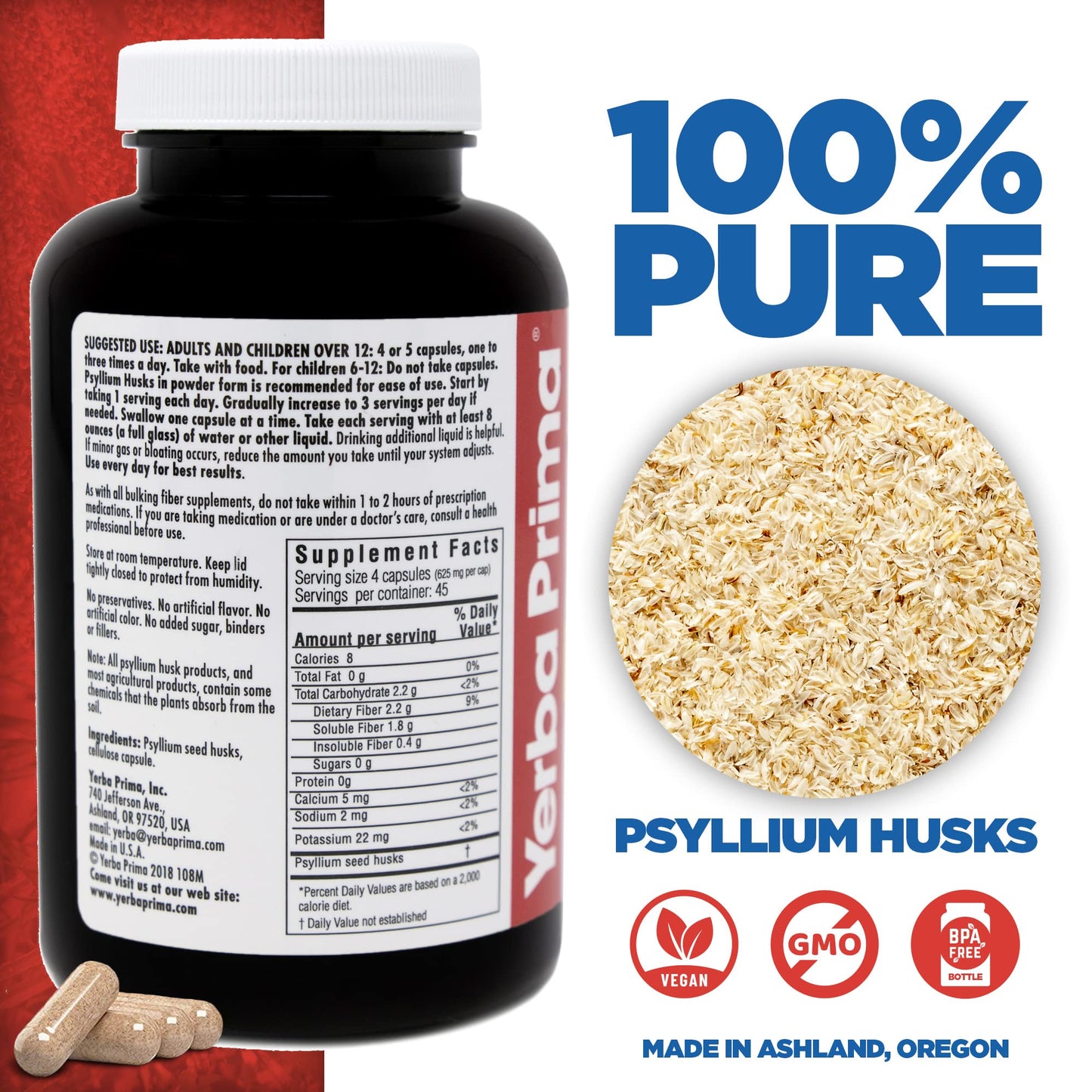 Yerba Prima Psyllium Husks Veg Caps - 180 Count Pack of 3 | Vegan, Non-GMO, Gluten Free Fiber Supplement