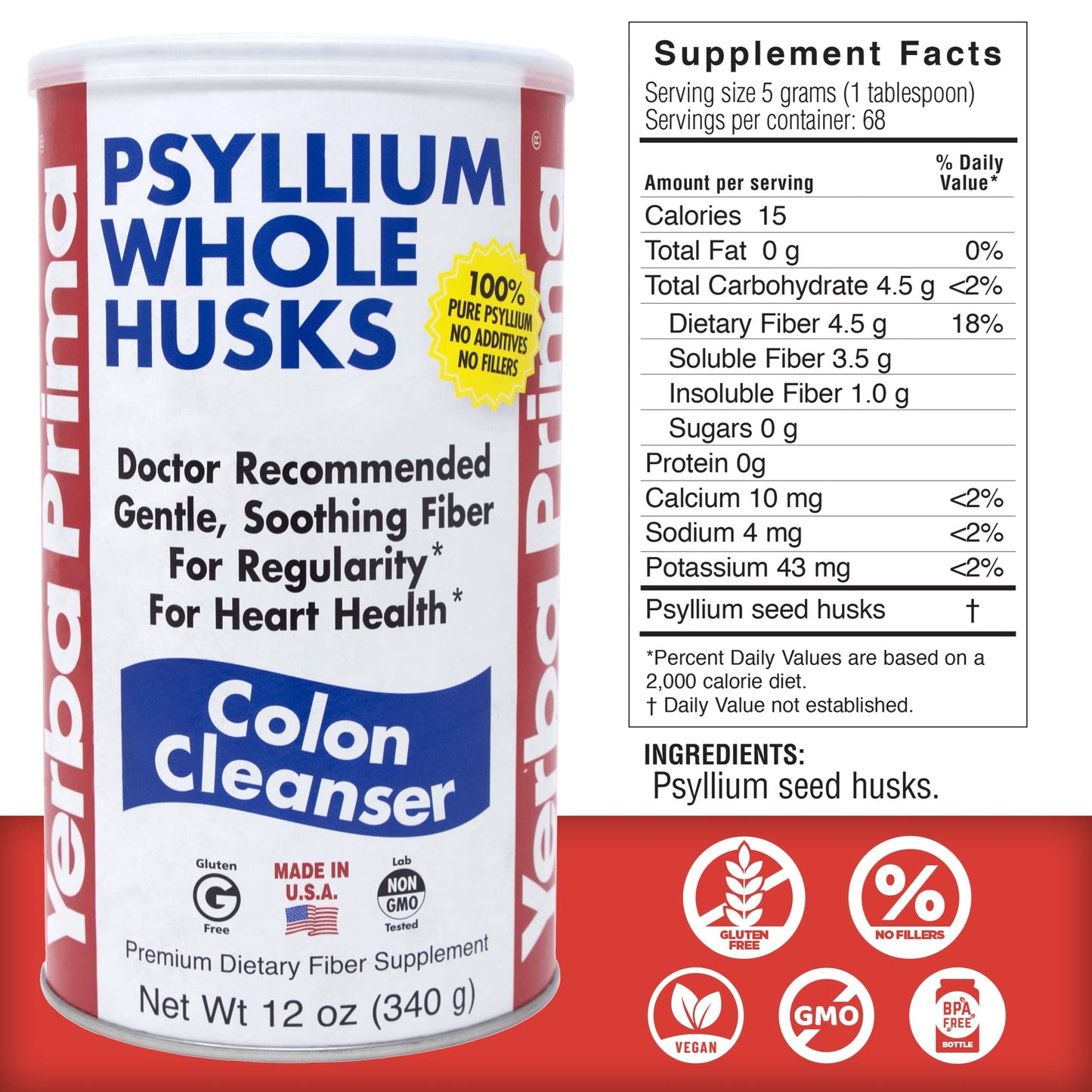 Yerba Prima Psyllium Whole Husk 12 oz – Fiber Supplement, Vegan, Gluten Free