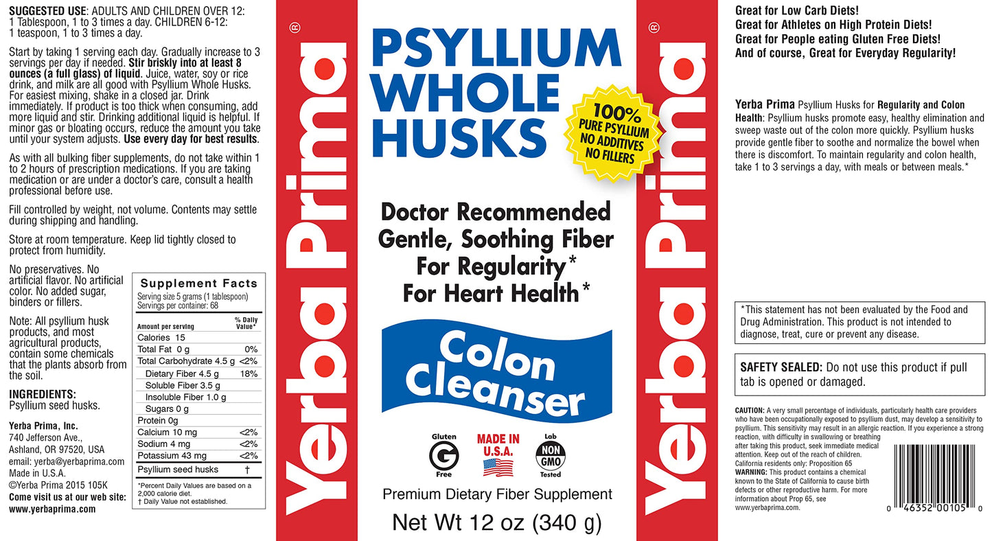 Yerba Prima Psyllium Whole Husk 12 oz – Fiber Supplement, Vegan, Gluten Free