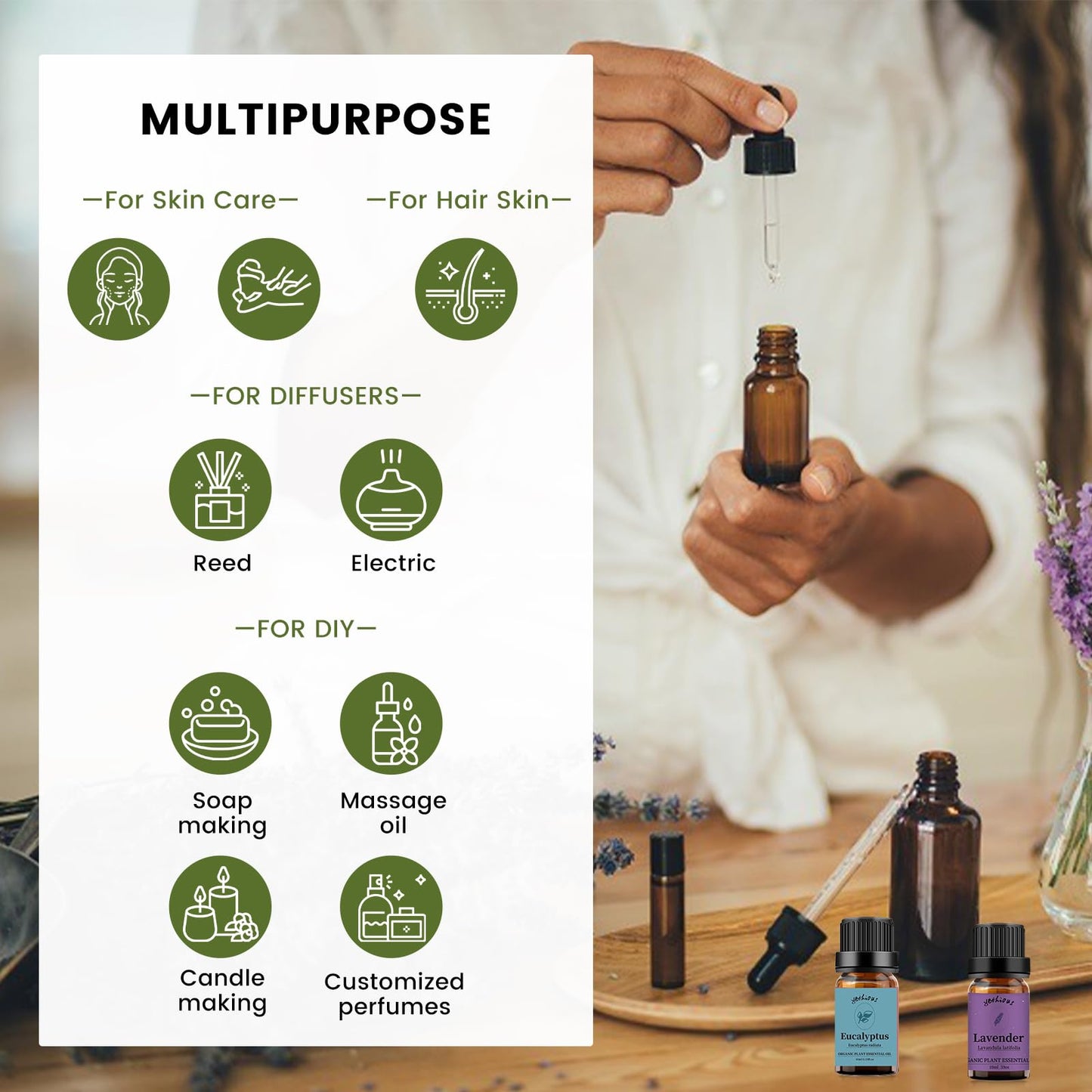 yethious Lavender Eucalyptus Essential Oil – Organic Pure Plant Lavender Oil for Diffuser, Skin & Hair Care