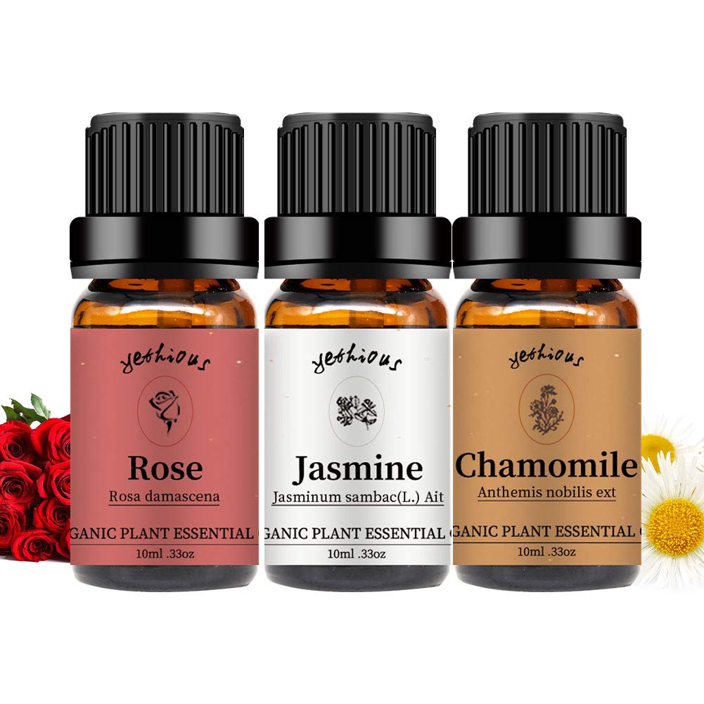 Yethious Rose Jasmine Chamomile Essential Oil Set – 100% Pure Organic, 3 x 10ml for Diffuser, Soap & Candle Making
