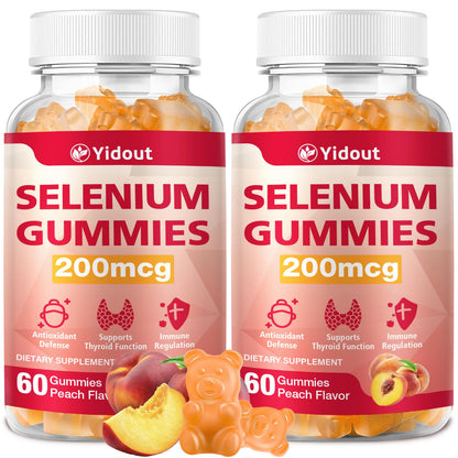Yidout Selenium Thyroid Support Gummies 200mcg – Peach Flavor, Energy Booster for Women & Men | 60 Count (Pack of 2)