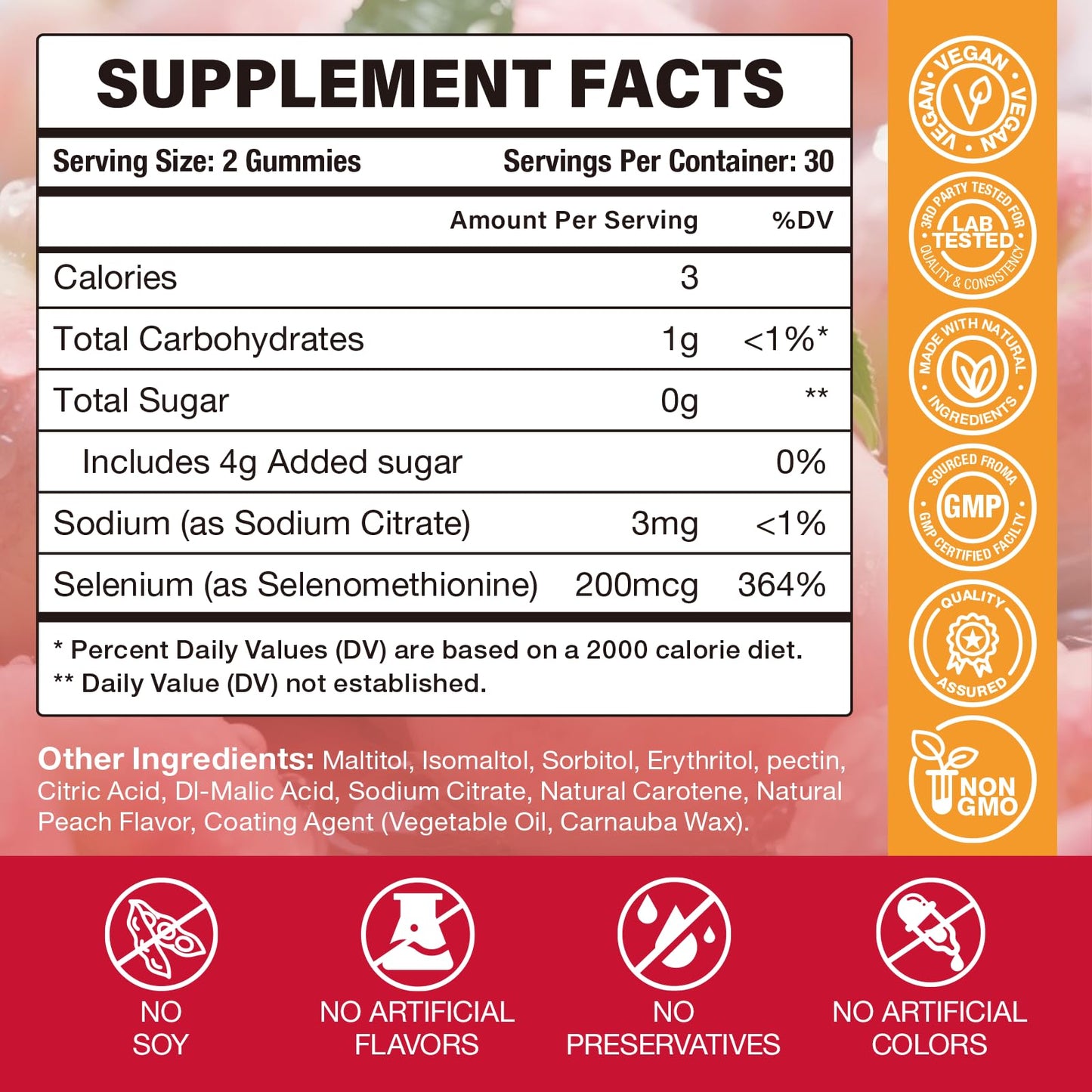Yidout Selenium Thyroid Support Gummies 200mcg – Peach Flavor, Energy Booster for Women & Men | 60 Count (Pack of 2)