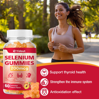 Yidout Selenium Thyroid Support Gummies 200mcg – Peach Flavor, Energy Booster for Women & Men | 60 Count (Pack of 2)