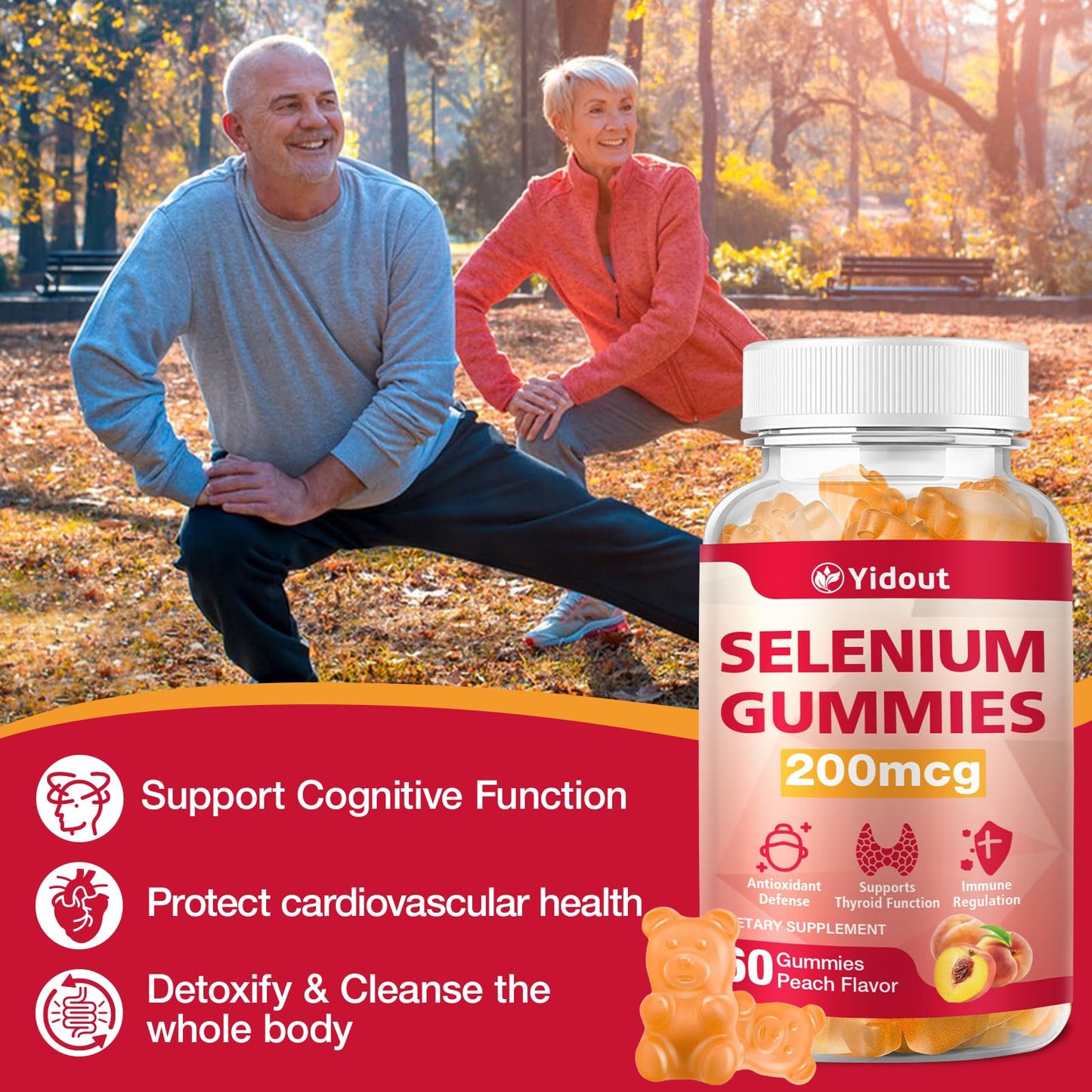 Yidout Selenium Thyroid Support Gummies 200mcg – Peach Flavor, Energy Booster for Women & Men | 60 Count (Pack of 2)