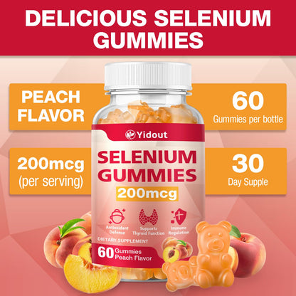 Yidout Selenium Thyroid Support Gummies 200mcg – Peach Flavor, Energy Booster for Women & Men | 60 Count (Pack of 2)