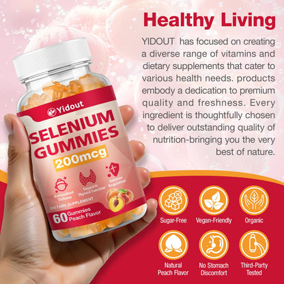 Yidout Selenium Thyroid Support Gummies 200mcg – Peach Flavor, Energy Booster for Women & Men | 60 Count (Pack of 2)