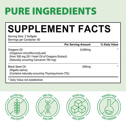 YIEEGCM Wild Oregano Oil Softgels with Black Seed Oil – 6,000mg/Serving, 120 Caps | Plant-Based, Non-GMO, High Carvacrol