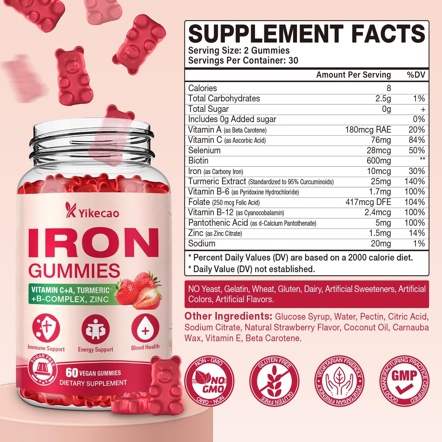 Yikecao Iron Supplement Gummies - Vegan Iron for Women & Men, Strawberry Flavor, 60 Count