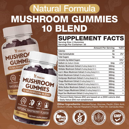 Yikecao Mushroom Gummies for Adults – 10-Mushroom Complex, Focus & Energy, Raspberry Flavor, 60 Count