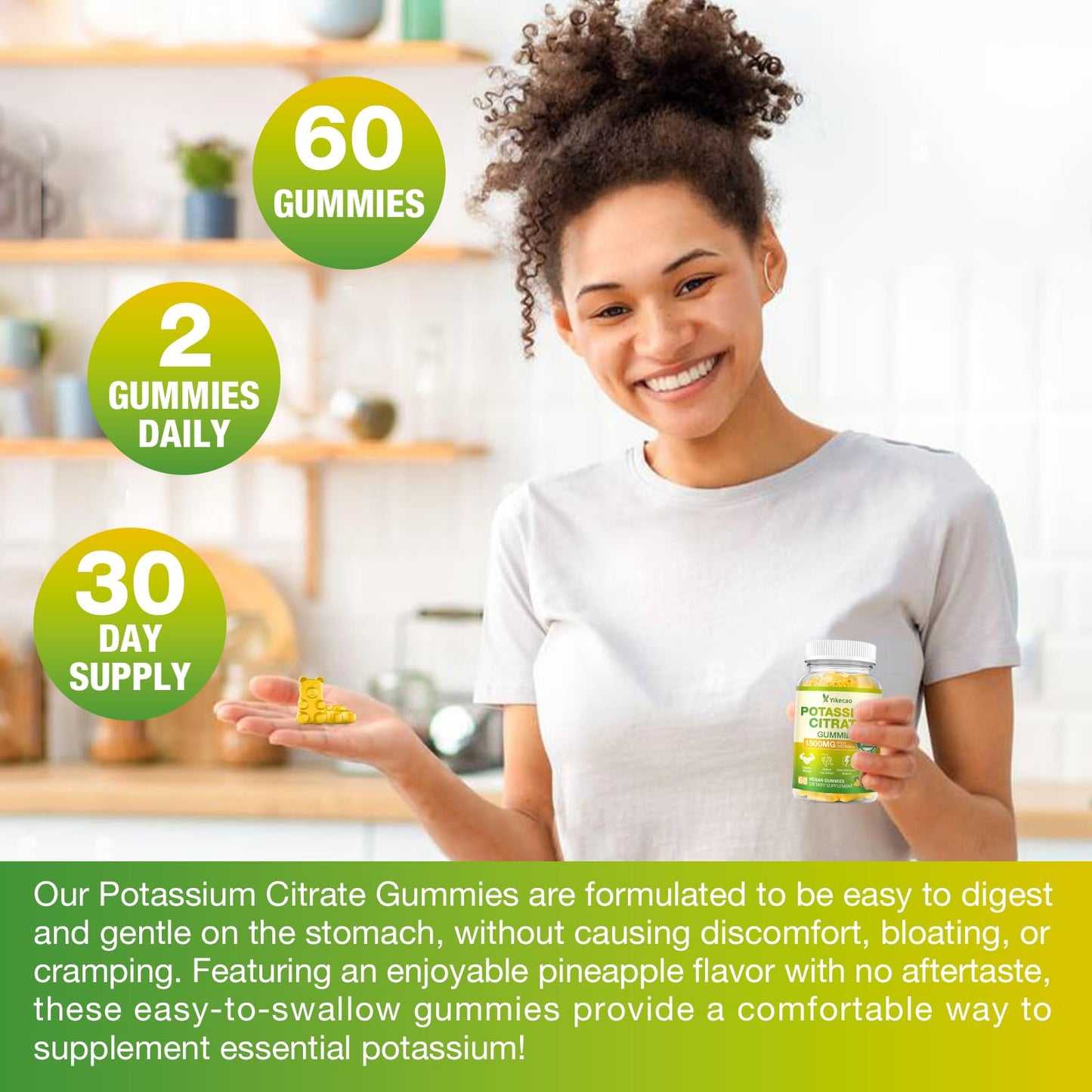 Yikecao 2 Pack Potassium Citrate Gummies 1500mg – Sugar-Free Pineapple, Muscle & Electrolyte Support, 120 Count