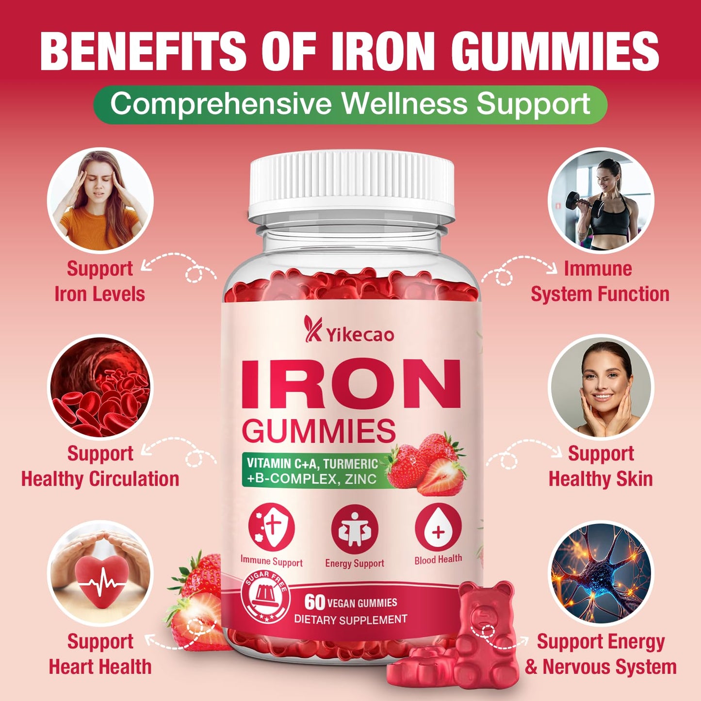 Yikecao 2 Pack Vegan Iron Gummies | Iron Supplement for Women & Men