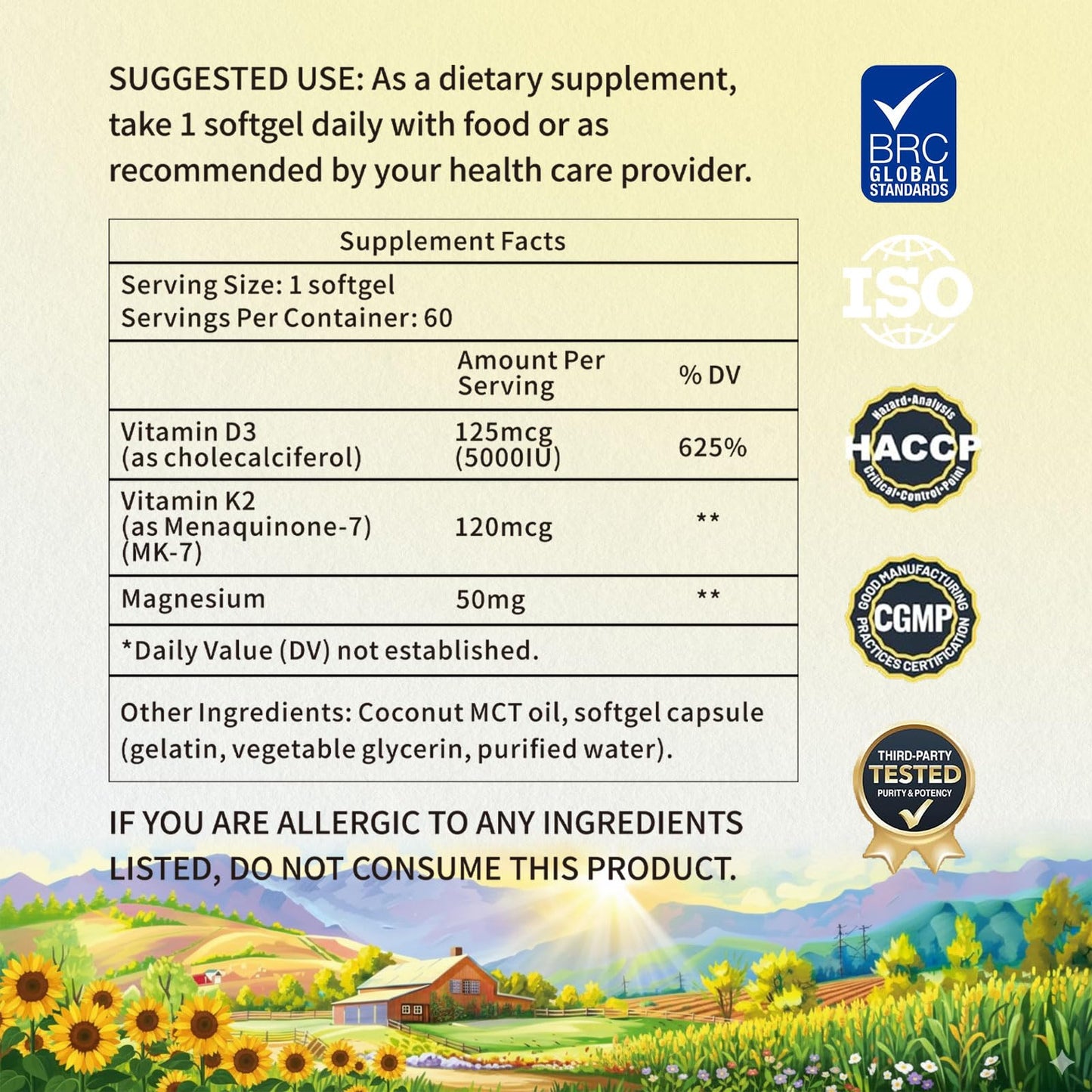 YMINGKJ Vitamin D3 K2 5000 IU Softgels with Magnesium & MCT Oil – 60 Count (Non-GMO, Gluten-Free)