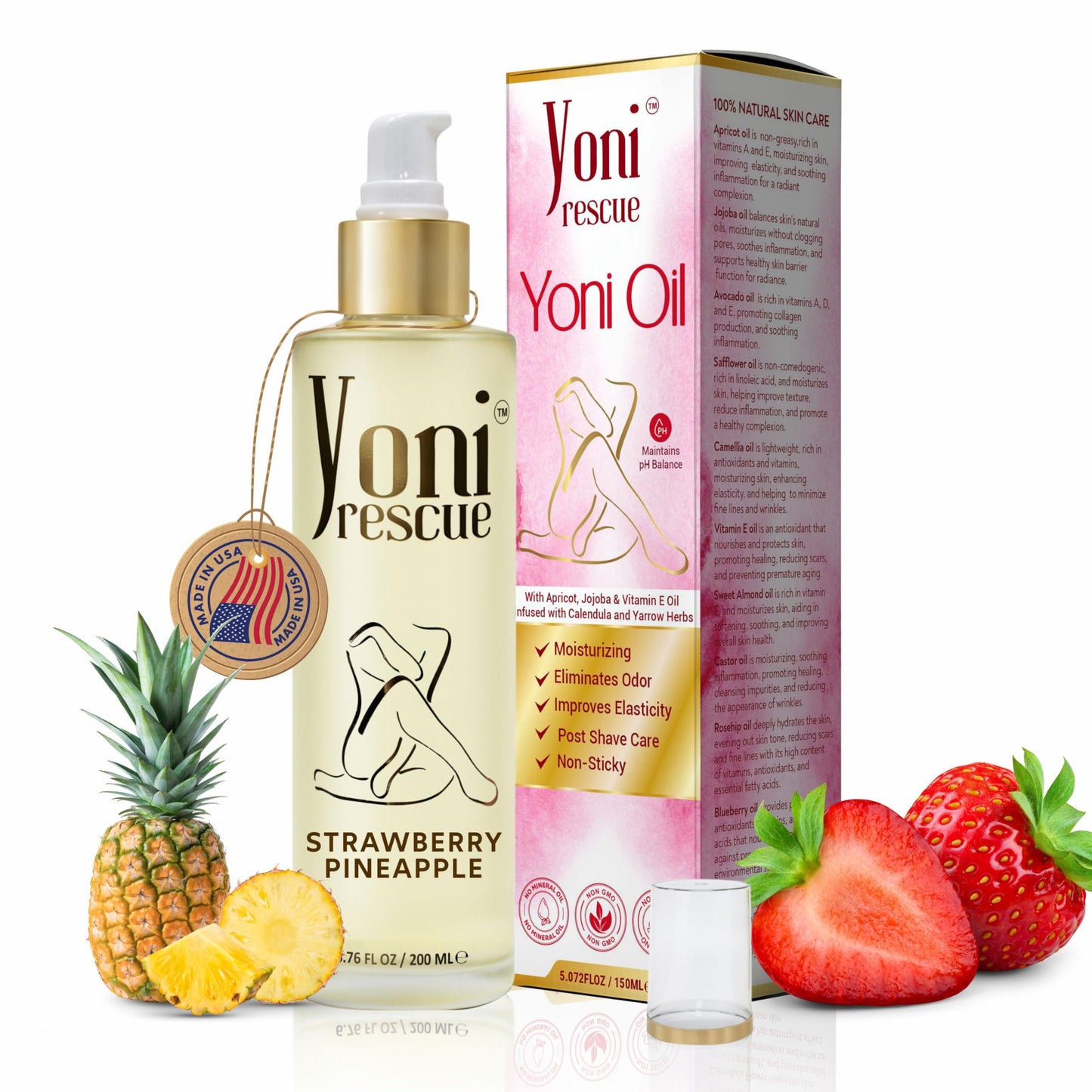 Yoni Rescue Yoni Oil 6.76oz – All-Natural Vaginal Hydration, pH Balance & Comfort (Apricot, Jojoba, Chamomile, Vitamin E) Strawberry Pineapple
