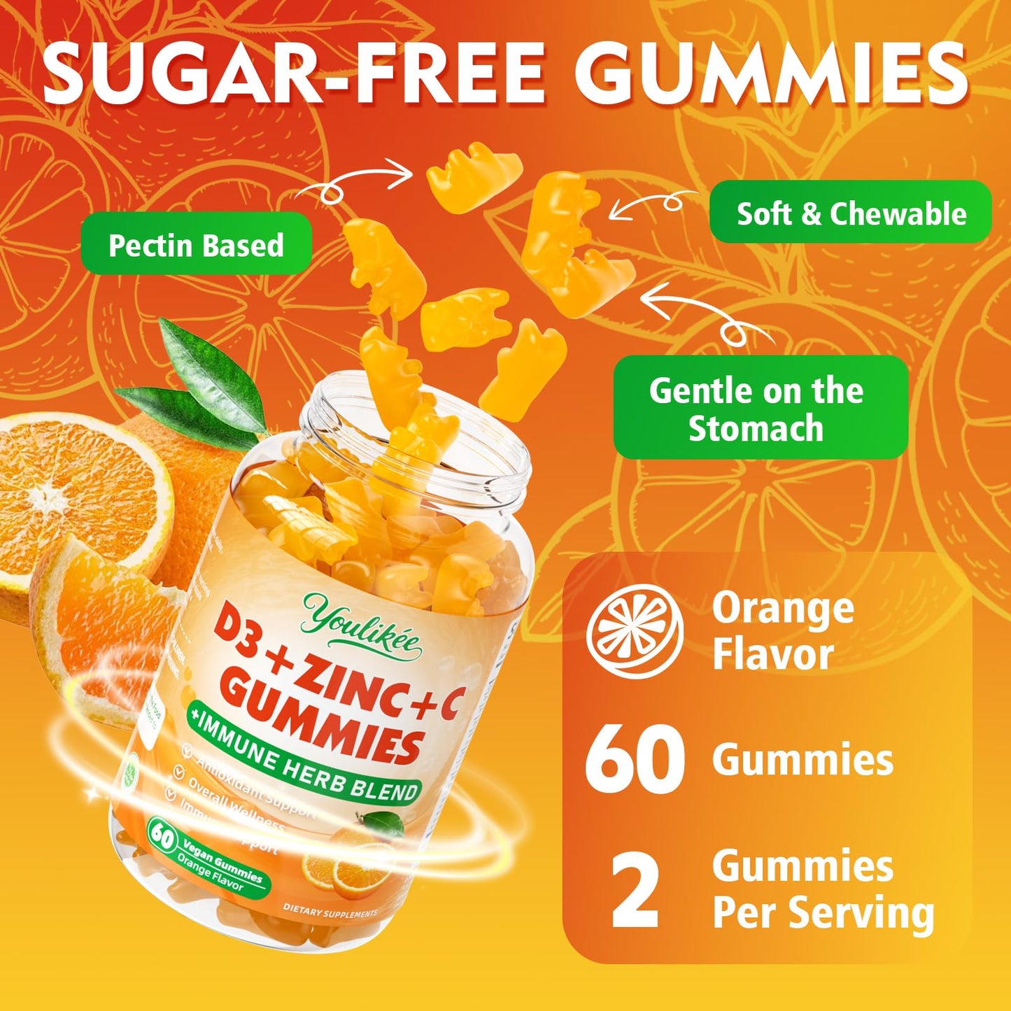 Vitamin C + D3 + Zinc Gummies for Adults - Immune Support with Elderberry & Echinacea | Orange Flavor, 60 Count