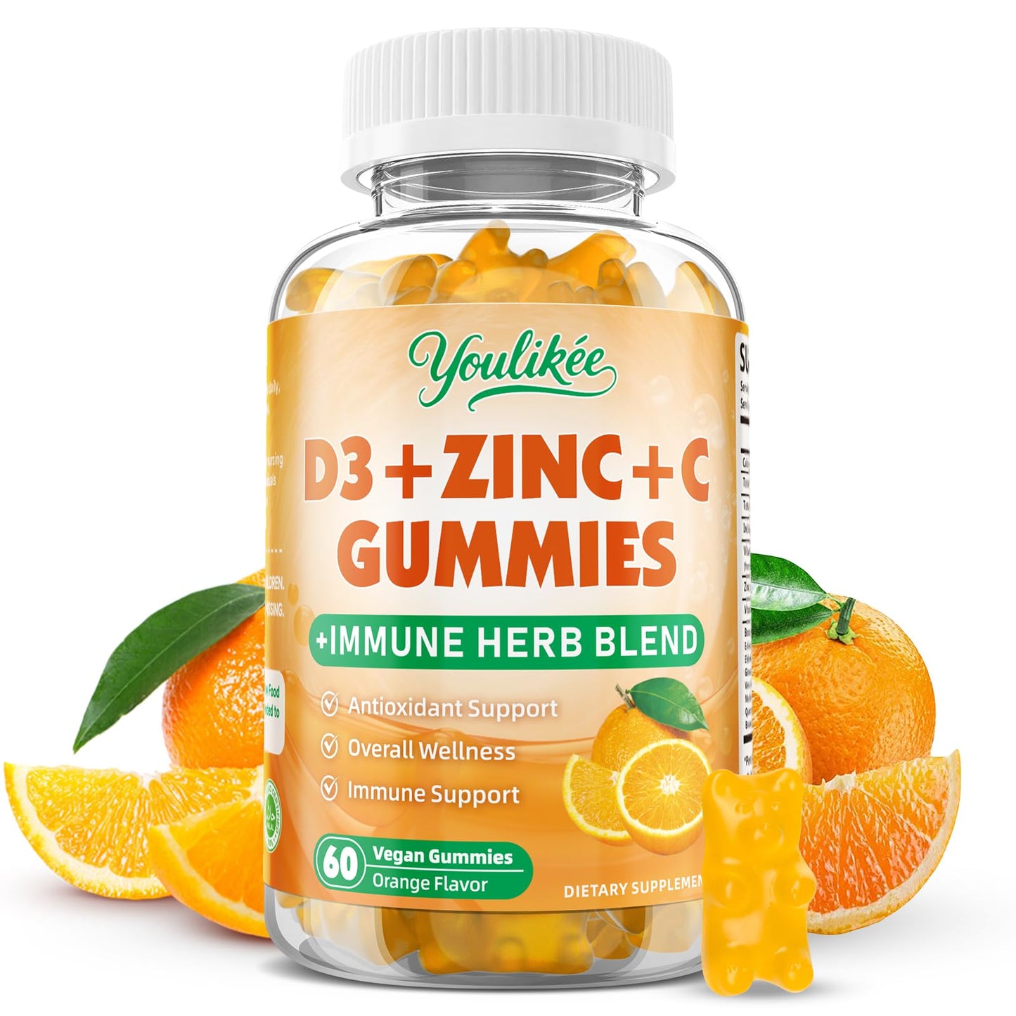 Vitamin C + D3 + Zinc Gummies for Adults - Immune Support with Elderberry & Echinacea | Orange Flavor, 60 Count