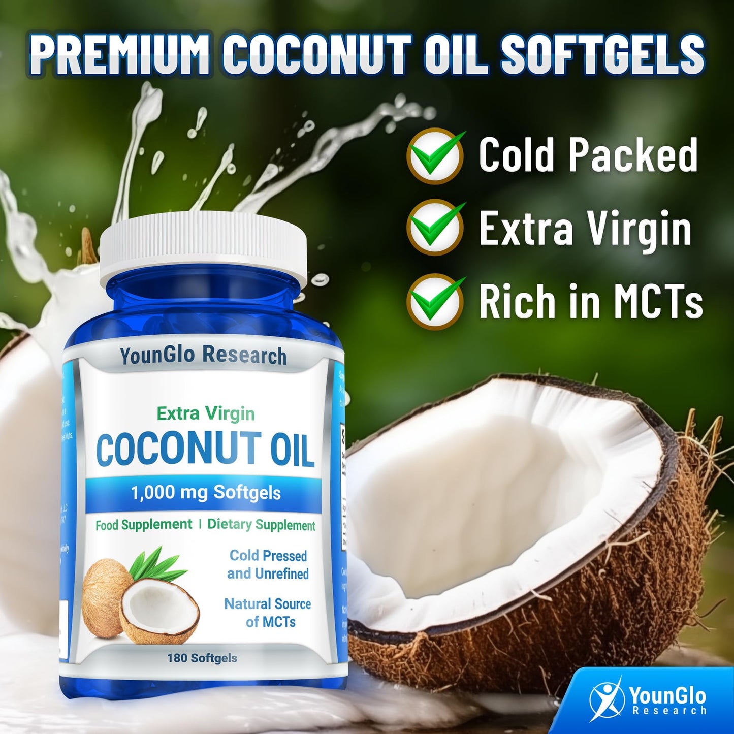 YounGlo Coconut Oil 1000 mg - Cold-Pressed Organic Extra Virgin, 180 Vegan Softgels (Pack of 2)
