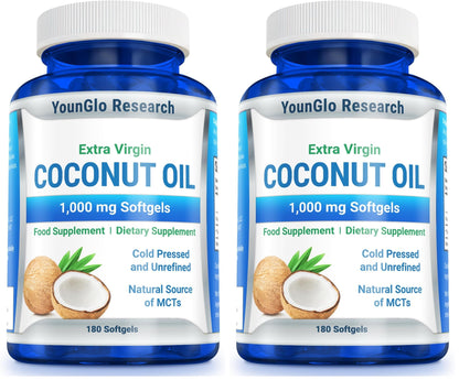 YounGlo Coconut Oil 1000 mg - Cold-Pressed Organic Extra Virgin, 180 Vegan Softgels (Pack of 2)