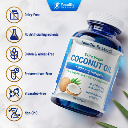 YounGlo Coconut Oil 1000 mg - Cold-Pressed Organic Extra Virgin, 180 Vegan Softgels (Pack of 2)
