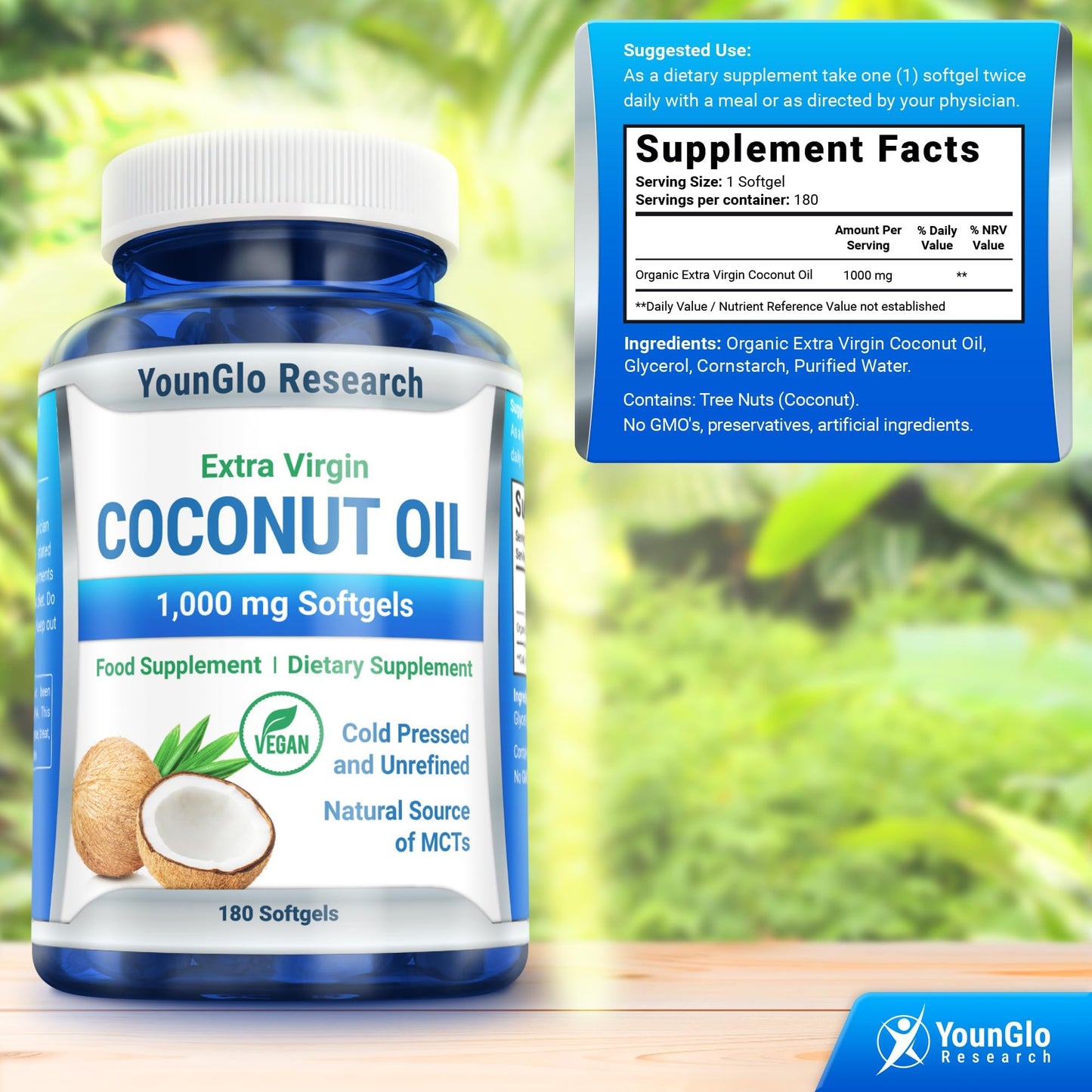 YounGlo Coconut Oil 1000 mg - Cold-Pressed Organic Extra Virgin, 180 Vegan Softgels (Pack of 2)