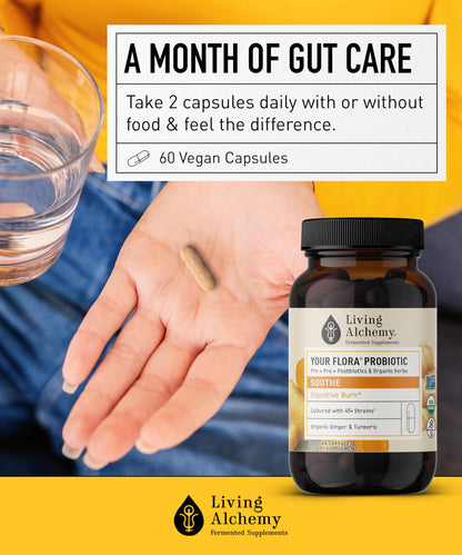Your Flora Probiotic Soothe – Non-GMO Probiotics with Ginger & Turmeric | Living Alchemy, 60 Pcs