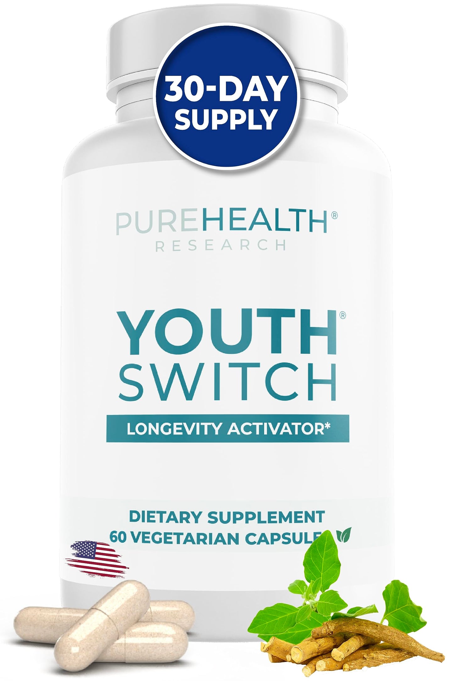 PUREHEALTH RESEARCH Youth Switch - Anti Aging Supplement with Ashwagandha Extract 600 mg KSM-66 - Longevity Activator - Telomere Supplements - Disrupt & Reverse Aging, 1 Bottle - 60 Capsules