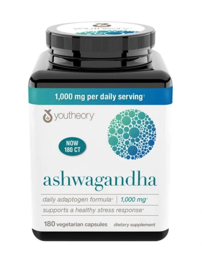 Youtheory Ashwagandha 1000mg with KSM-66 – 180 Caps | Stress Support