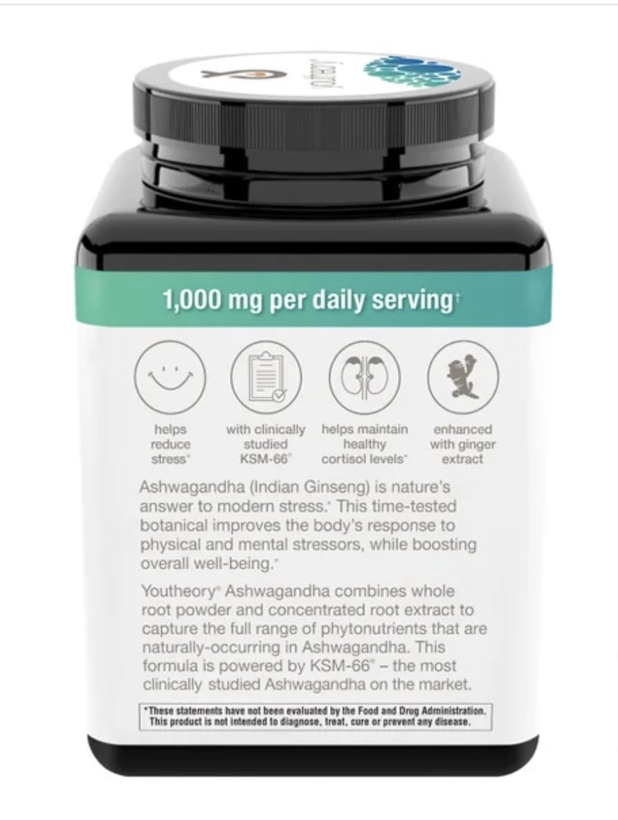 Youtheory Ashwagandha 1000mg with KSM-66 – 180 Caps | Stress Support
