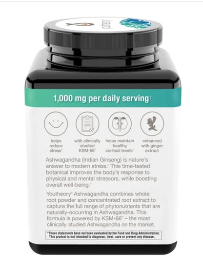 Youtheory Ashwagandha 1000mg with KSM-66 – 180 Caps | Stress Support