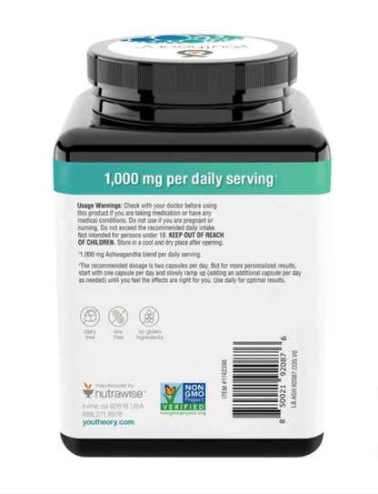 Youtheory Ashwagandha 1000mg with KSM-66 – 180 Caps | Stress Support