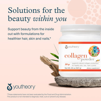 Youtheory Collagen Powder – Premium Hydrolyzed Collagen, Vitamin C & Biotin, Vanilla (20 oz)
