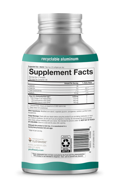 Youtheory Ocean-Friendly Omega – Vegan Algae Omega-3 (EPA & DHA) | Recyclable Aluminum