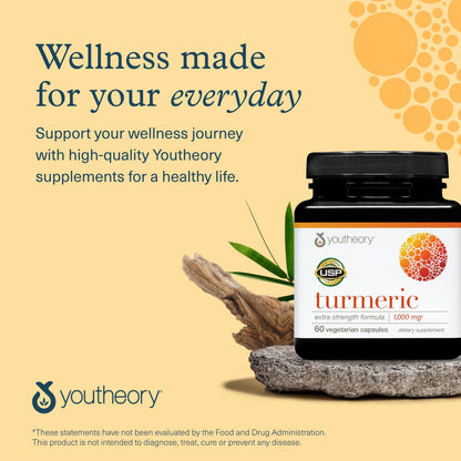 Youtheory Turmeric Extra Strength 1,000 mg - Brain, Muscle & Joint Health | Bioenhancers, Curcuminoids & Herbal Extracts - USP Verified - 60 Vegetarian Capsules