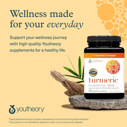 Youtheory Turmeric Extra Strength 1,000 mg | Curcuminoids + BioPerine | 180 Veg Capsules | USP Verified