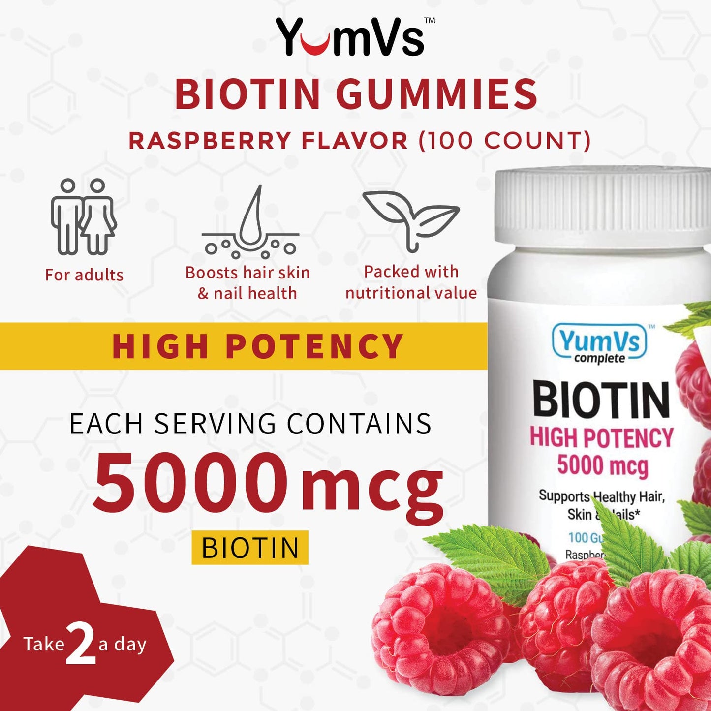 YUM-V's Biotin Gummies – 5,000 mcg High Potency Biotin, Raspberry Flavor – Kosher & Gluten-Free Hair, Skin & Nails (100 Count)