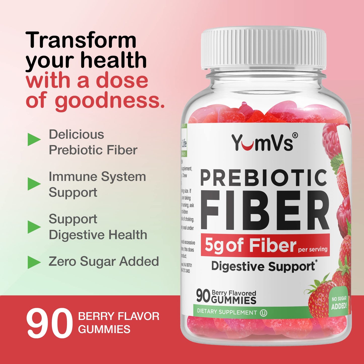 Yum-Vs Prebiotic Fiber Gummies - 5g Digestive Support, No Sugar Added, Keto (90 Count)