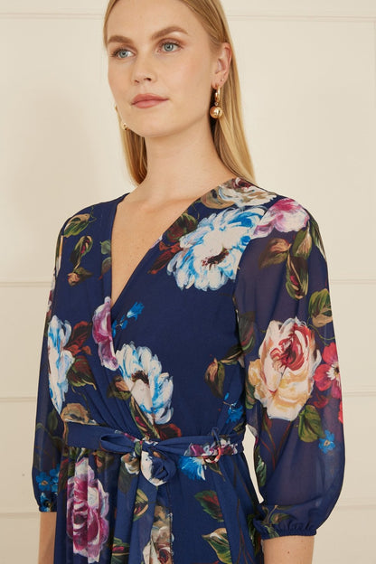 Yumi Navy Watercolour Dip Hem Midi Wrap Dress