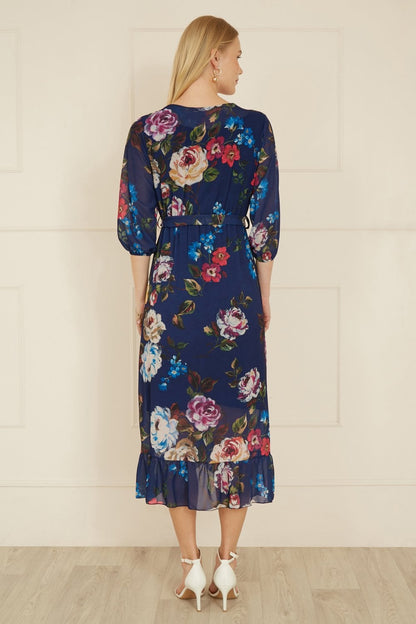 Yumi Navy Watercolour Dip Hem Midi Wrap Dress