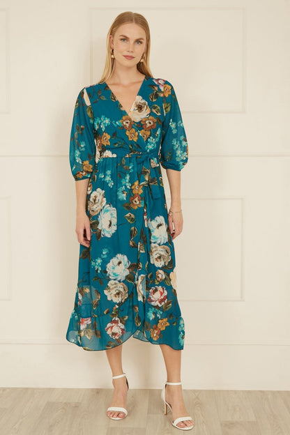 Yumi Teal Watercolour Dip Hem Midi Wrap Dress