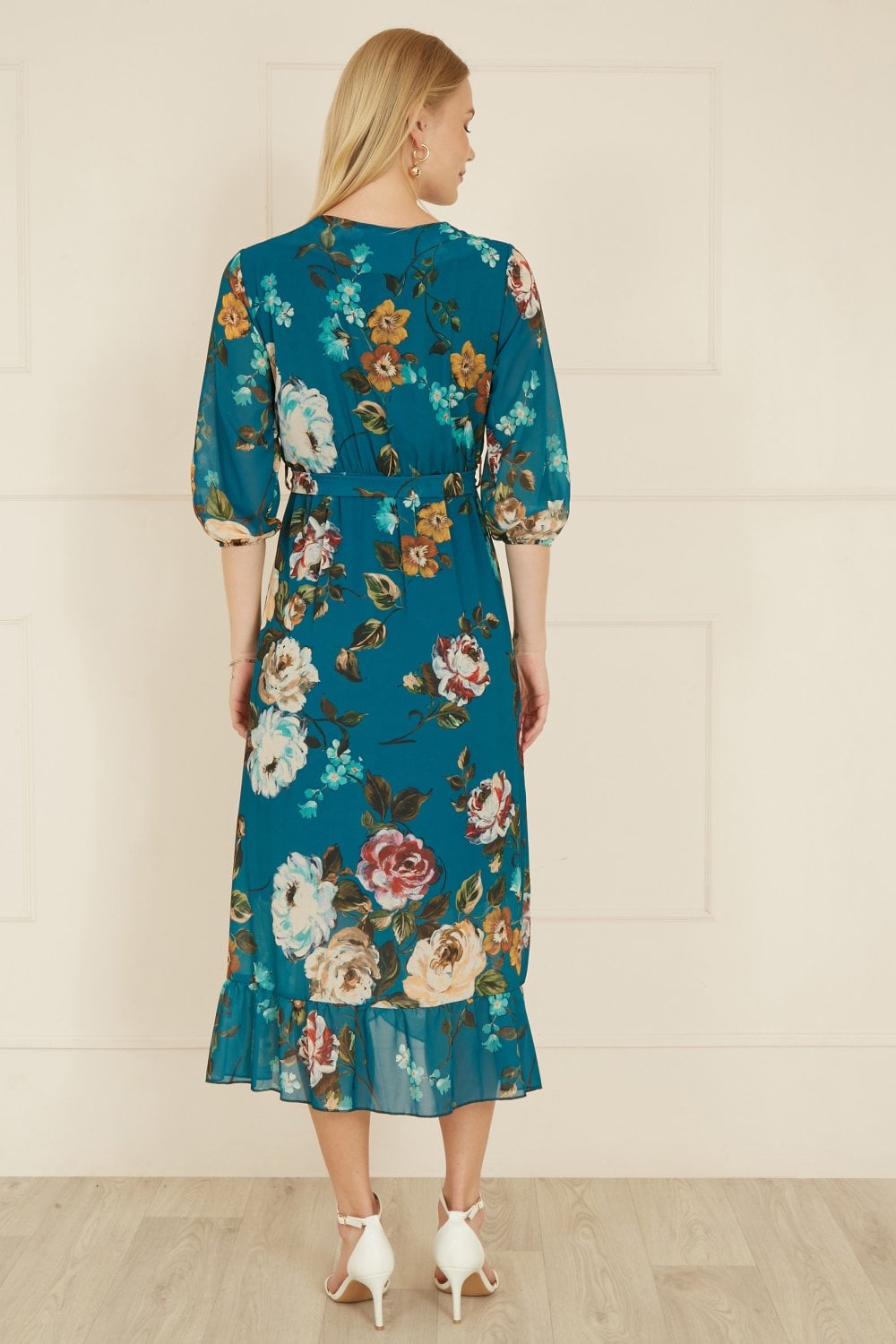 Yumi Teal Watercolour Dip Hem Midi Wrap Dress