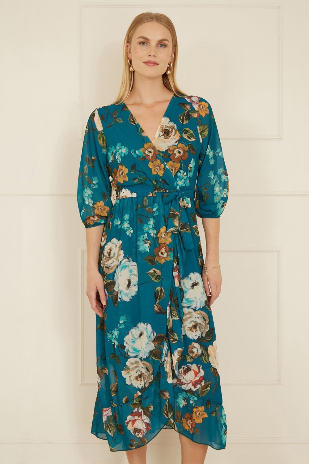 Yumi Teal Watercolour Dip Hem Midi Wrap Dress