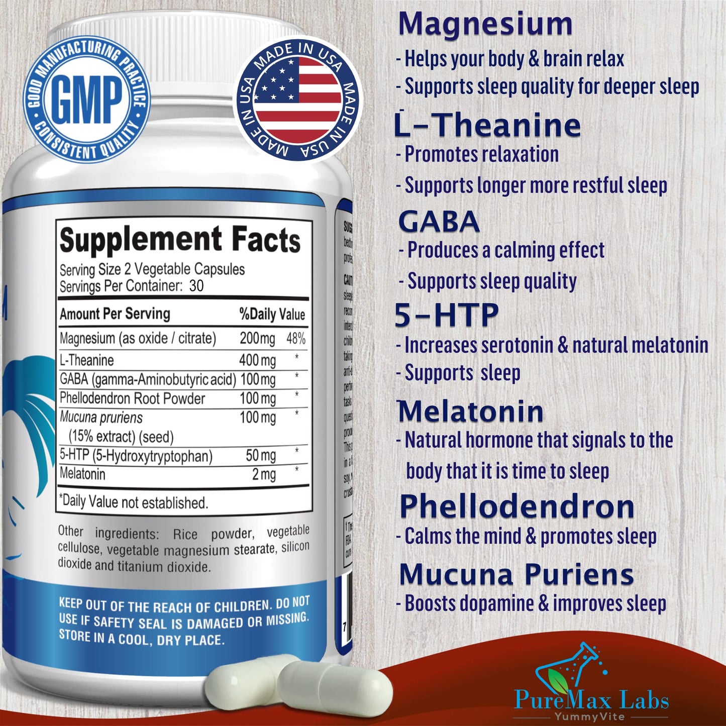 YUMMYVITE Natural Calm Sleep Aid – Magnesium, L-Theanine, Melatonin | 60 Capsules (Pack of 2) Non-GMO