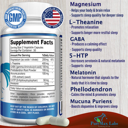 YUMMYVITE Natural Calm Sleep Aid – Magnesium, L-Theanine, Melatonin | 60 Capsules (Pack of 2) Non-GMO