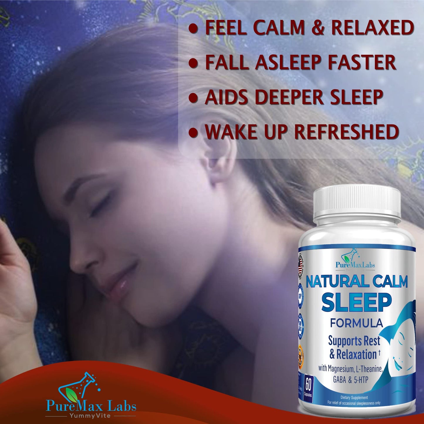 YUMMYVITE Natural Calm Sleep Aid – Magnesium, L-Theanine, Melatonin | 60 Capsules (Pack of 2) Non-GMO