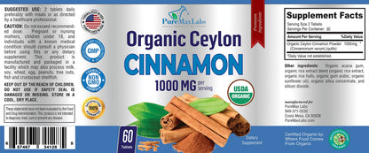 YUMMYVITE Organic Ceylon Cinnamon - 1000mg per Serving, True Cinnamon Supplement, 60 Tablets