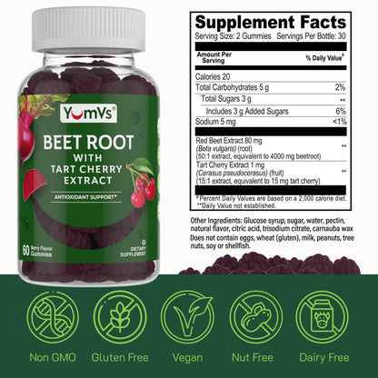 YUM-V'S Beet Root Gummies with Tart Cherry – Berry Flavor, Antioxidant & Circulation Support